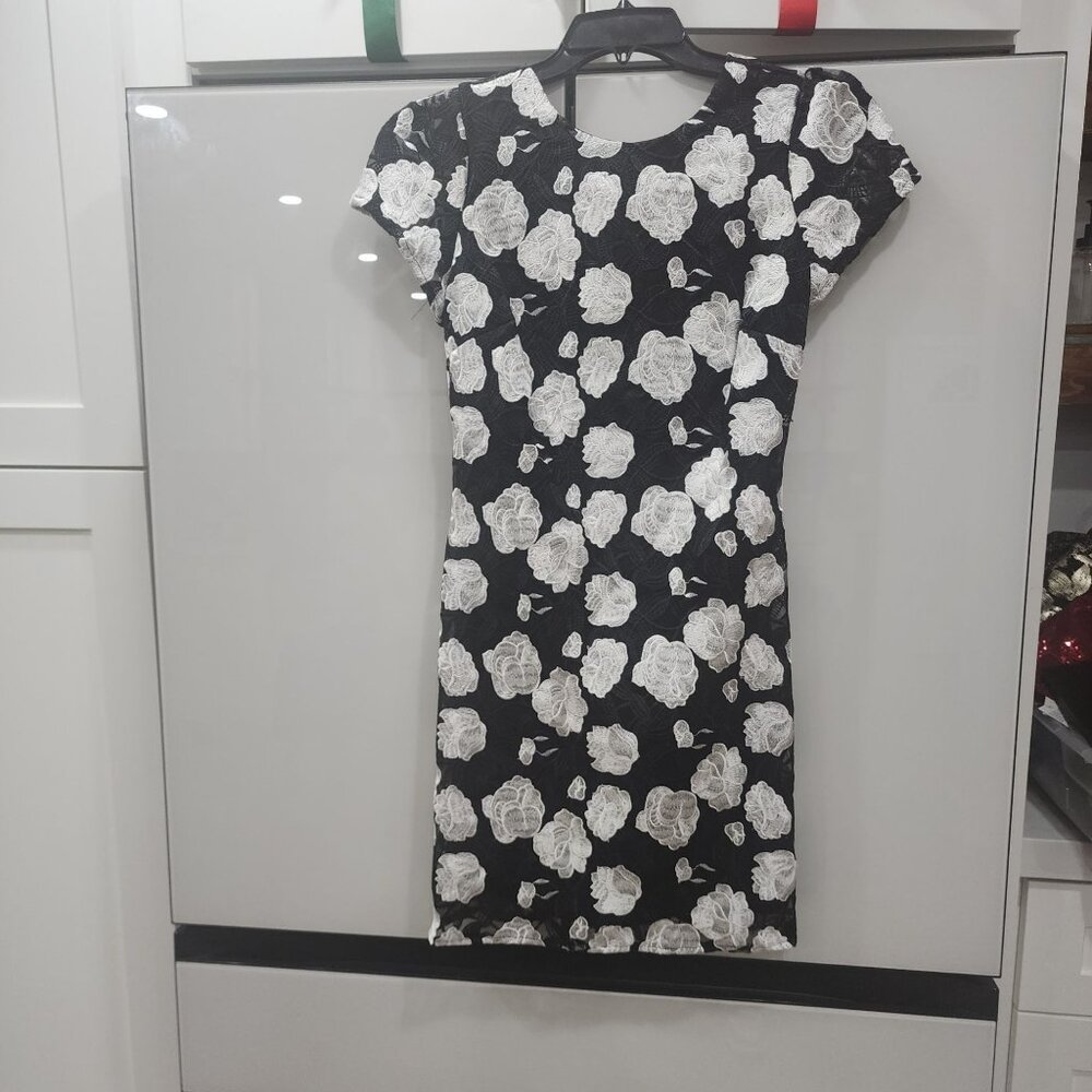 Sam Edelman Black & White Rose Embroidered Cap Sleeve Mini Dress Size 4